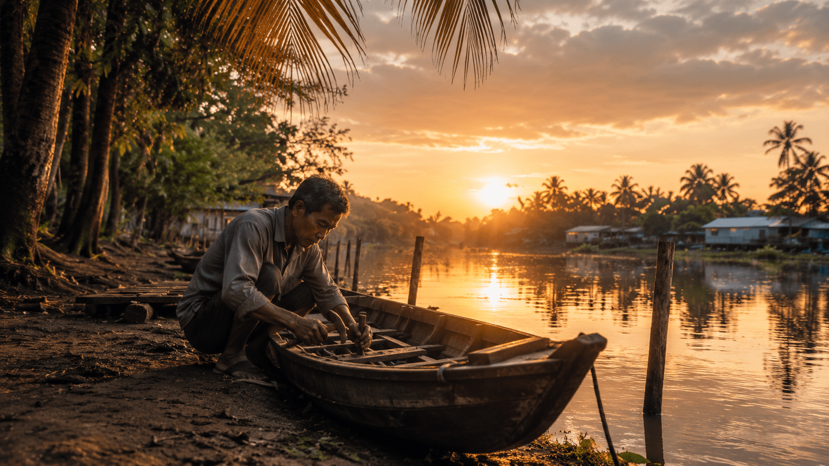 Người vá xuồng ở mé sông