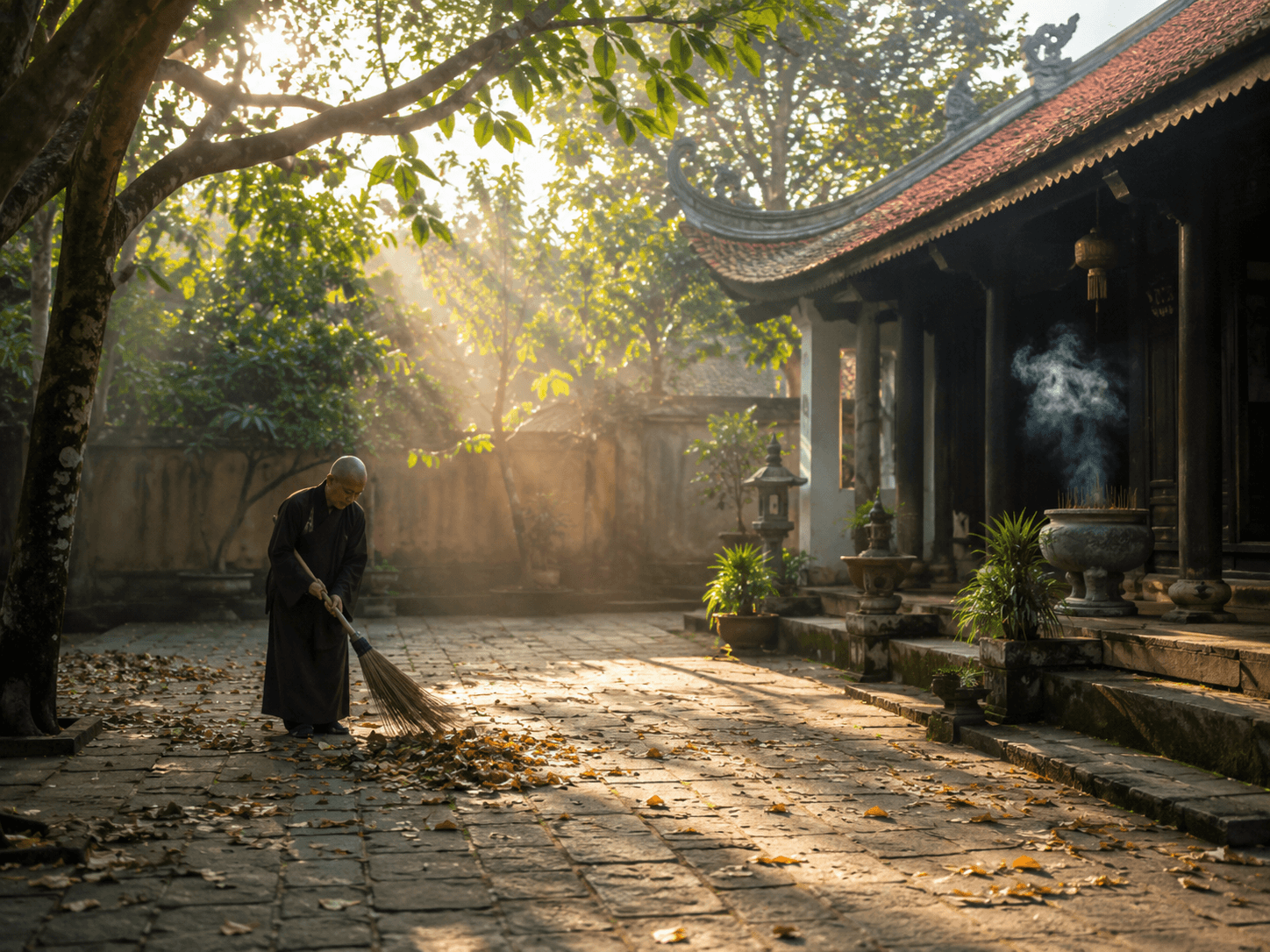 Một sáng quét lá trong sân chùa