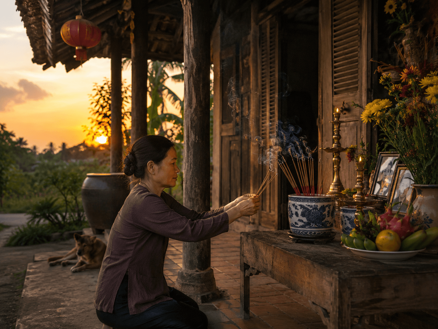 Đốt nhang trước hiên nhà