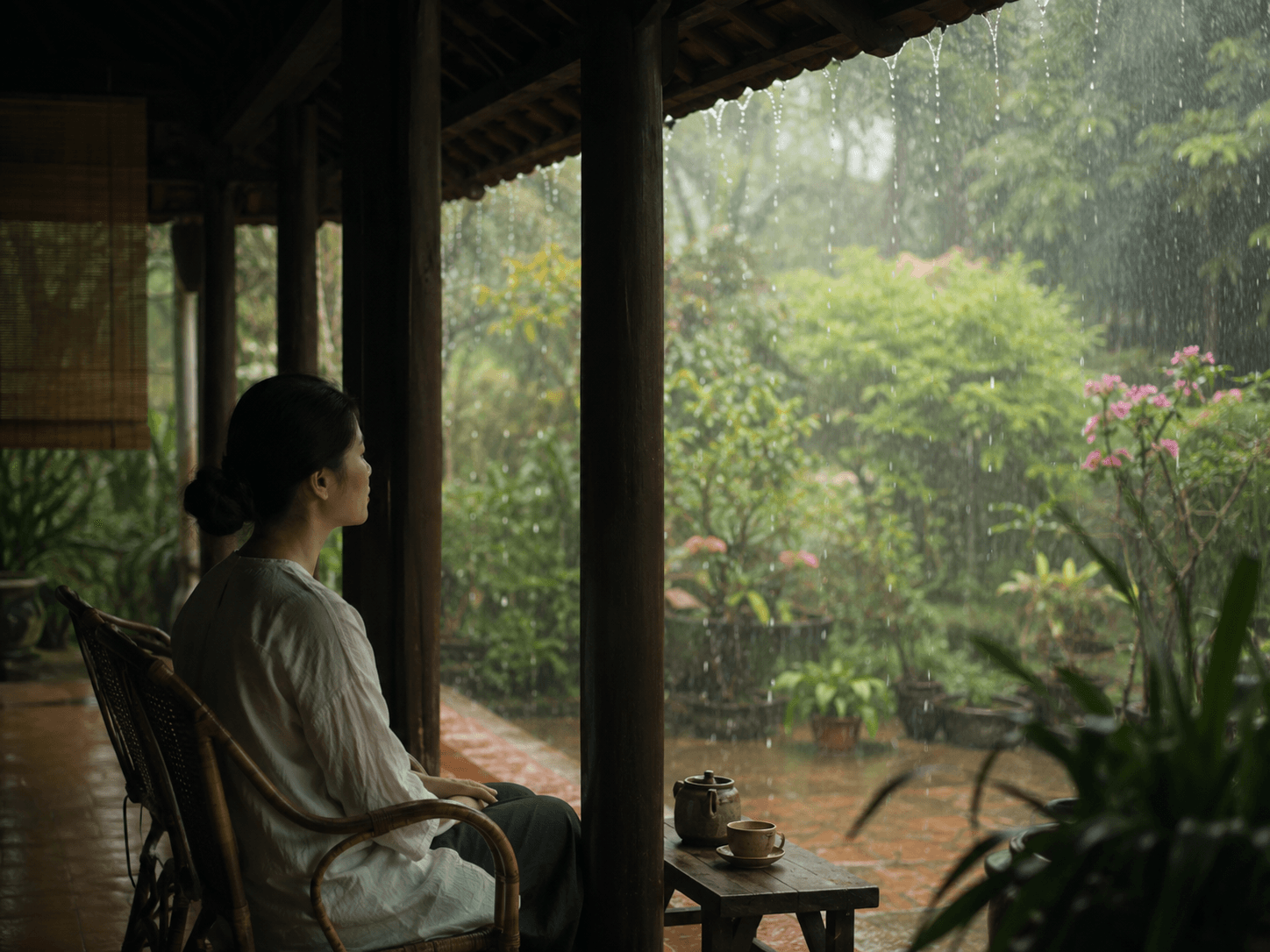 Ngồi yên nghe mưa chạm mái hiên